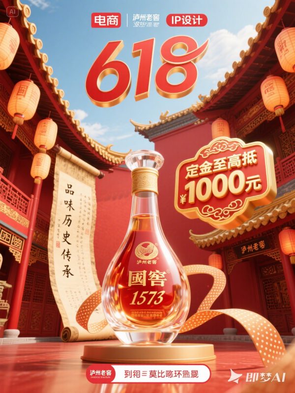 C4D立体风格国窖1573酒瓶白酒产品电商促销活动海报-即梦ai关键词描述咒语-Ai宇宙吧-