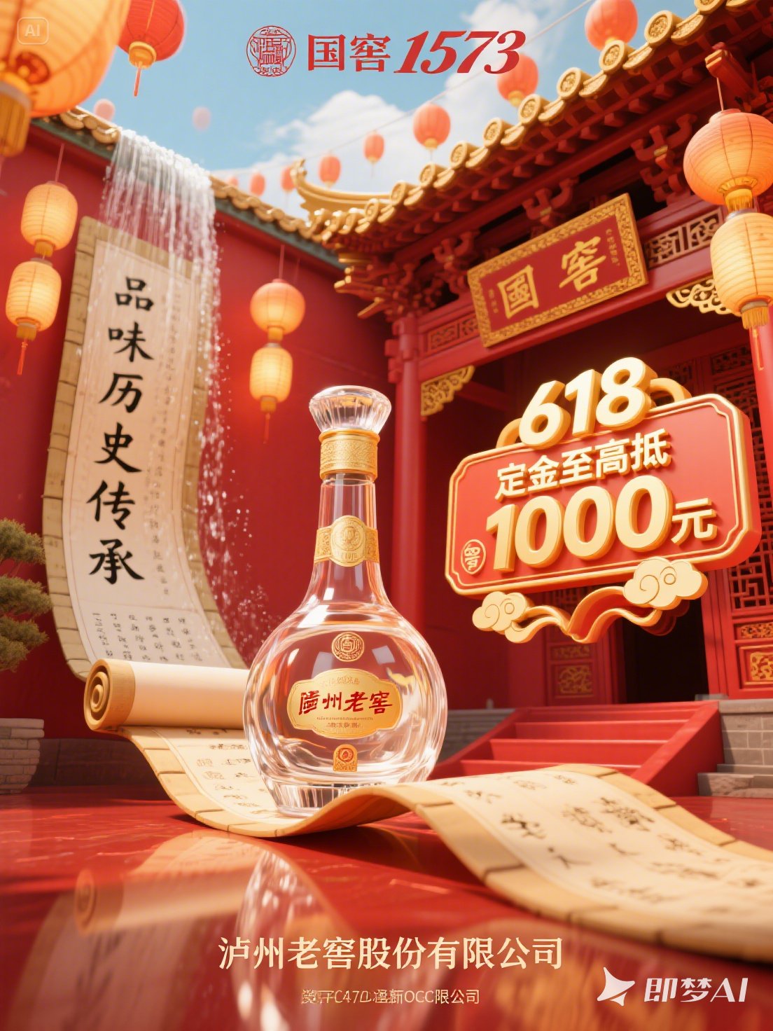 Midjourney - C4D立体风格国窖1573酒瓶白酒产品618电商促销活动海报-即梦ai关键词描述咒语 即梦Ai-Ai宇宙吧-