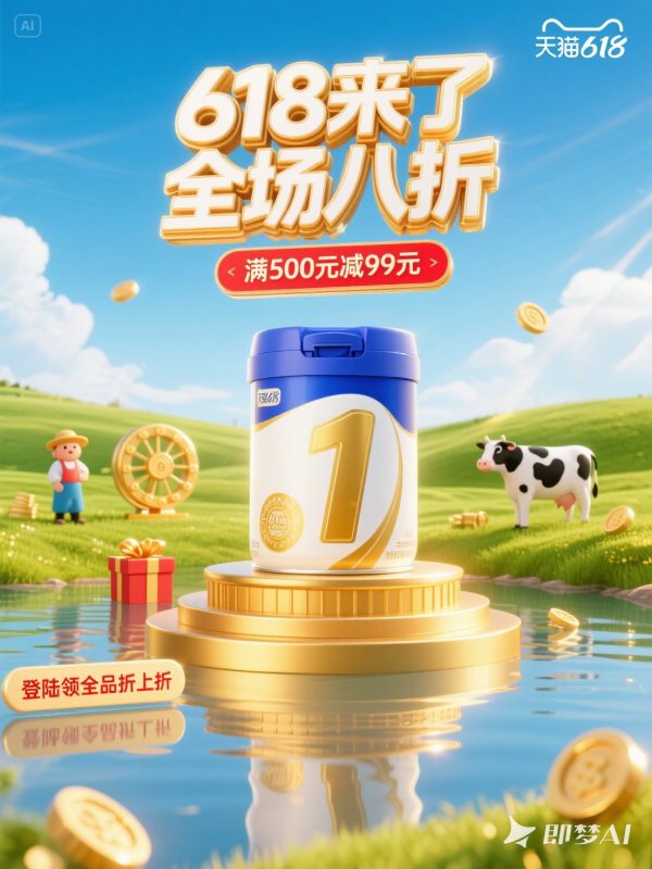 C4D立体风格儿童奶粉产品草原场景618电商促销活动海报-即梦ai关键词描述咒语-Ai宇宙吧-