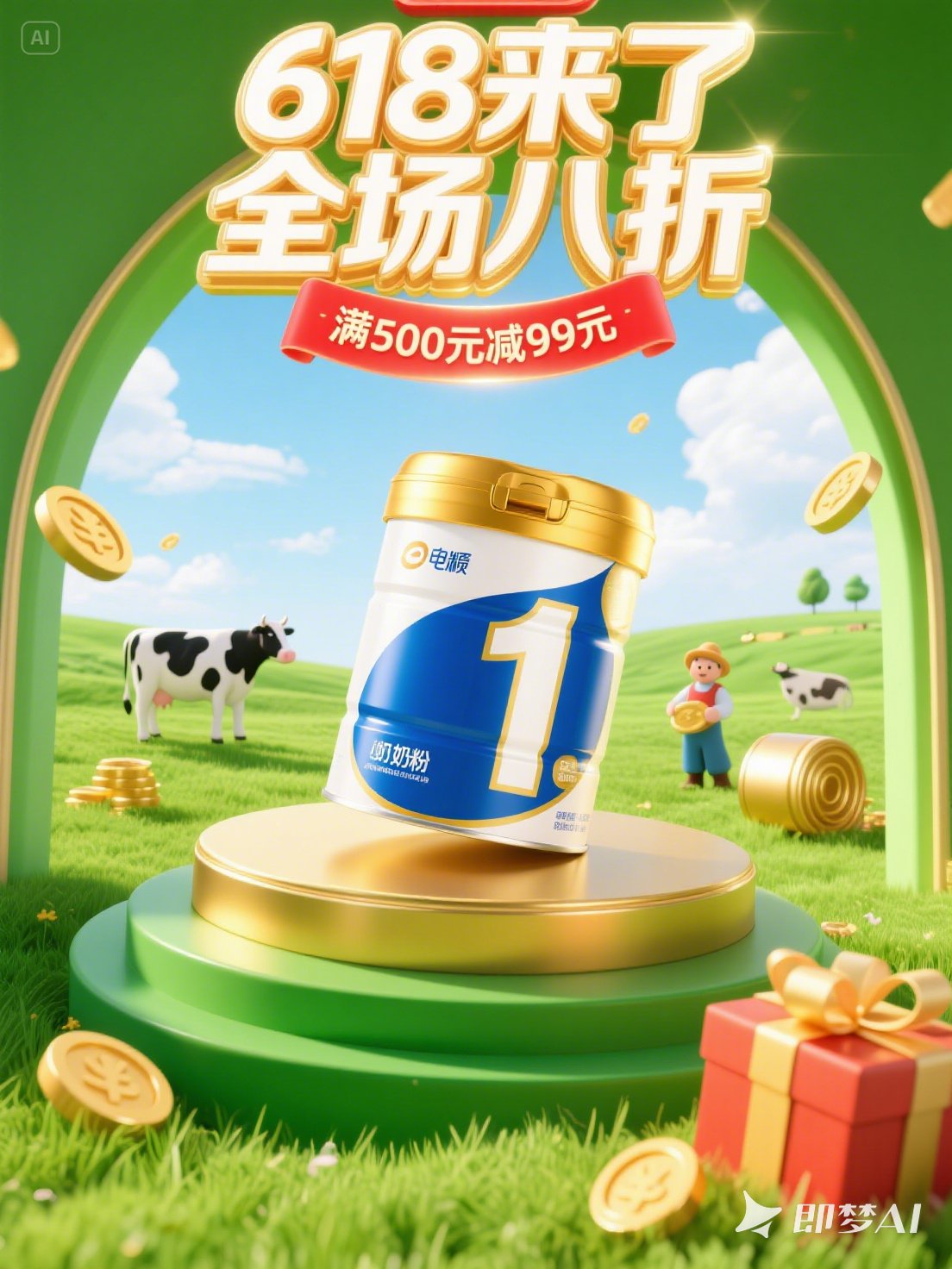 Midjourney - C4D立体风格儿童奶粉产品草原牧场奶牛场景电商618促销活动海报-即梦ai关键词描述咒语 即梦Ai-Ai宇宙吧-