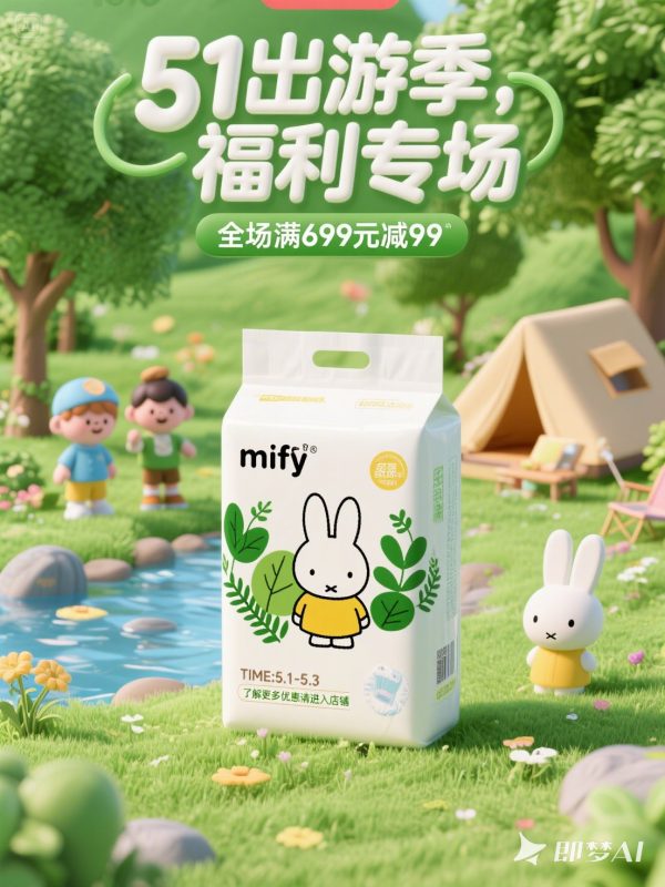 C4D立体风格可爱卡通纸尿裤产品五一出游电商促销活动海报-即梦ai关键词描述咒语-Ai宇宙吧-