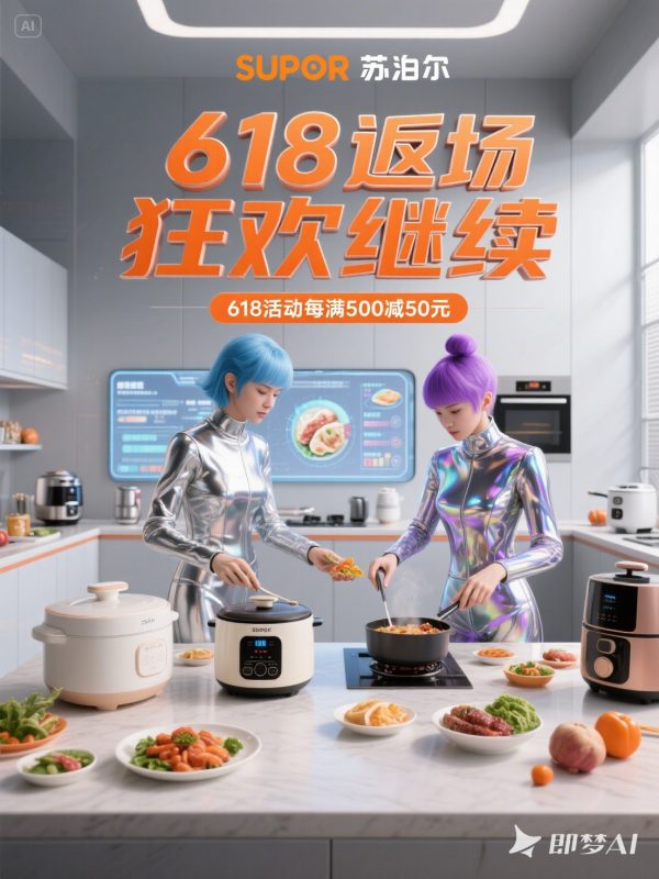 未来科技风格苏泊尔小家电场景618电商活动海报-即梦ai关键词描述咒语-Ai宇宙吧-