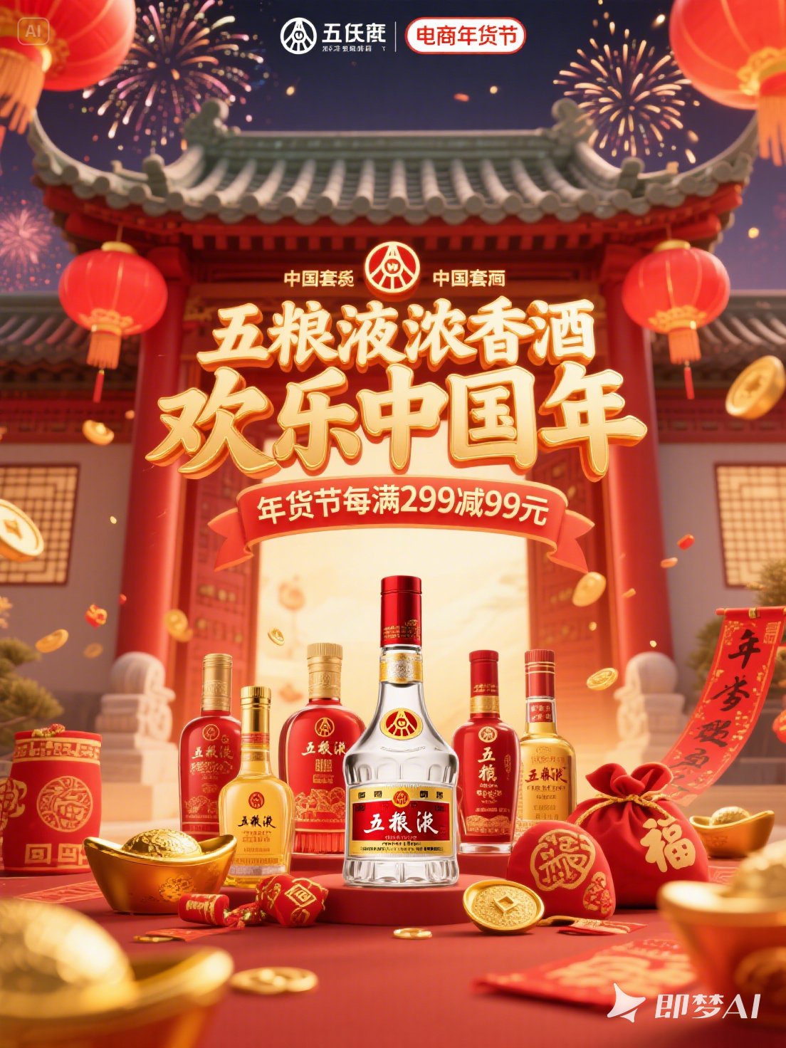Midjourney - 红色喜庆中国风五粮液白酒产品年货节电商促销活动海报-即梦ai关键词描述咒语 即梦Ai-Ai宇宙吧-