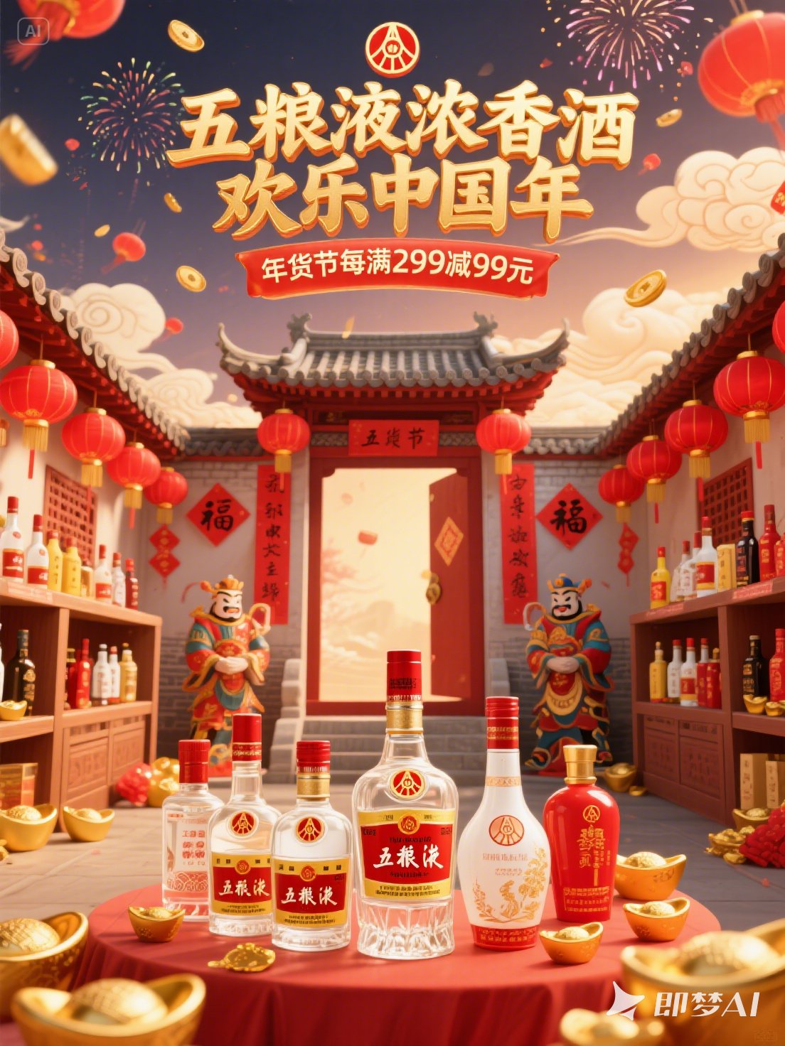 Midjourney - 红色喜庆中国风五粮液白酒产品年货节电商促销活动海报-即梦ai关键词描述咒语 即梦Ai-Ai宇宙吧-