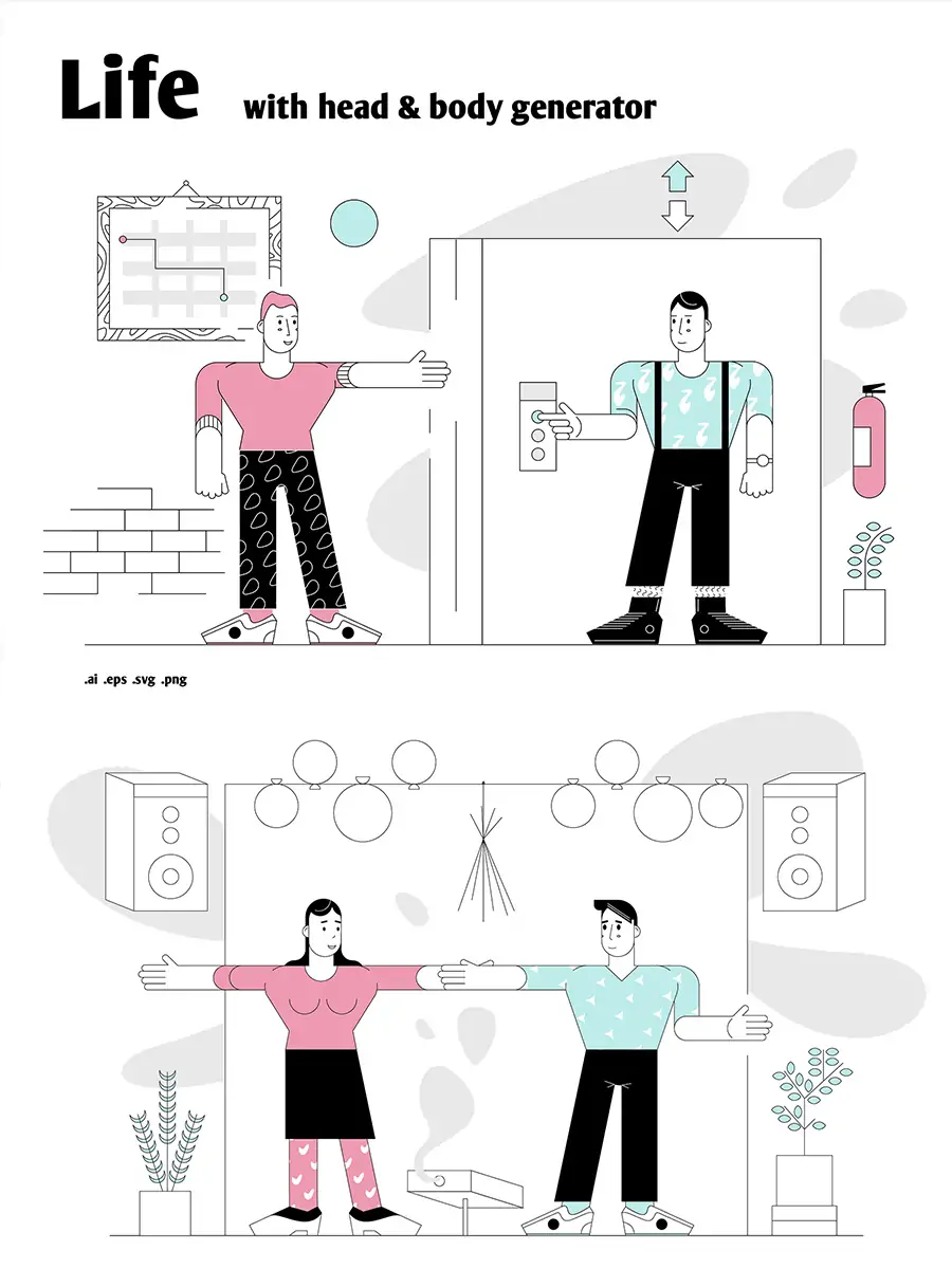 Midjourney - 手绘简约线条卡通人物生活场景插图ai矢量设计素材模版llustration Illustrations矢量-Ai宇宙吧-