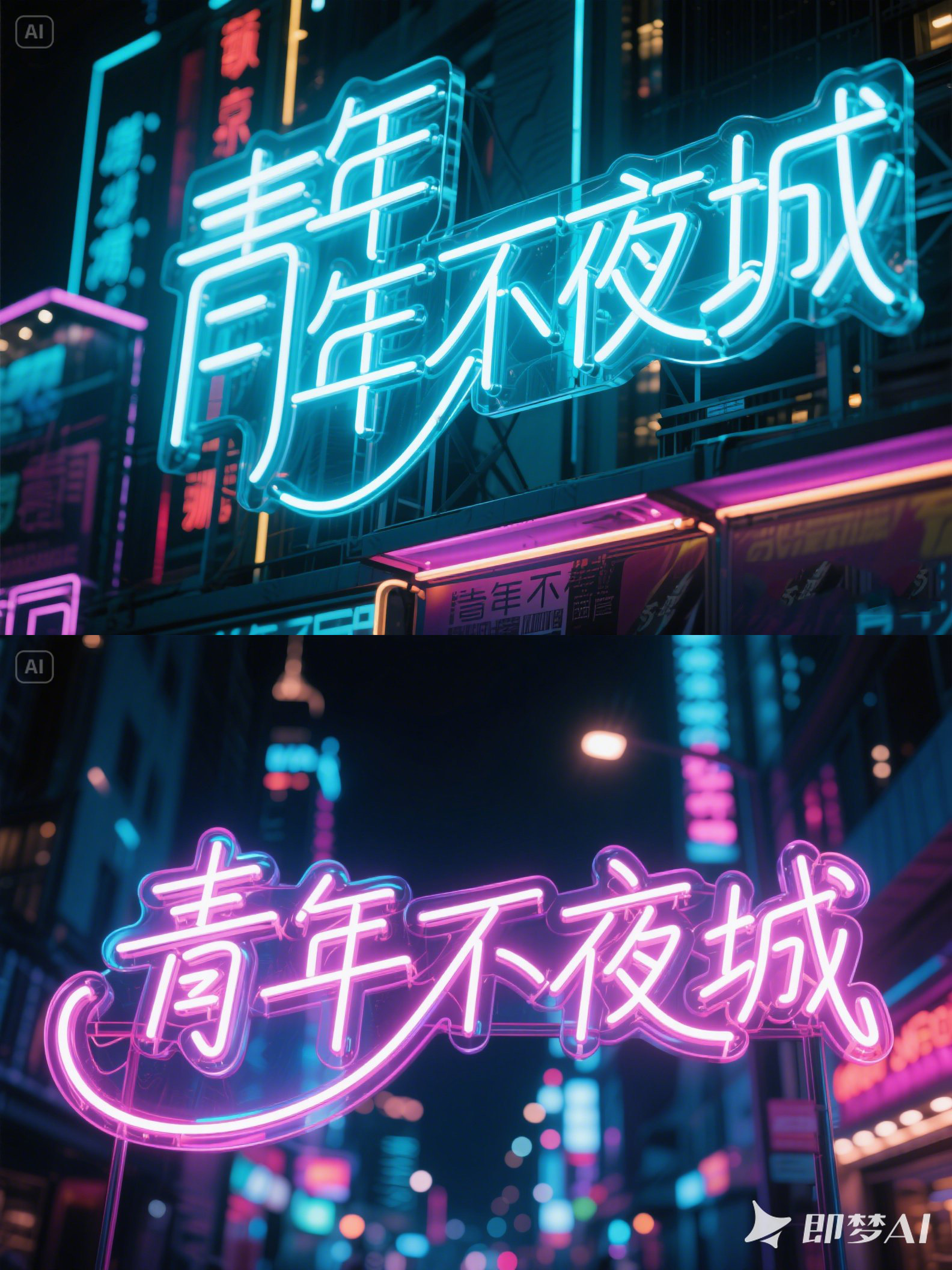 Midjourney - 霓虹灯管风格城市街边夜店招牌海报字体设计素材-即梦ai关键词描述咒语 即梦Ai-Ai宇宙吧-