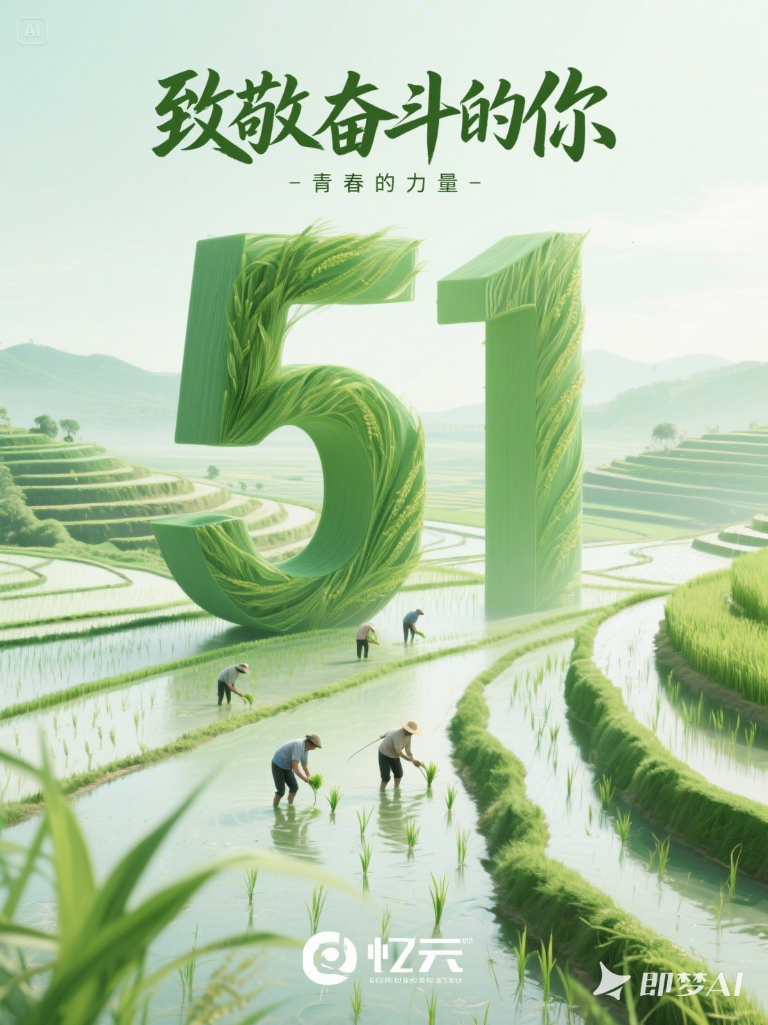 Midjourney - 春天立体51劳动节数字谷雨节气稻田农民耕种场景艺术海报-即梦ai关键词描述咒语 即梦Ai-Ai宇宙吧-