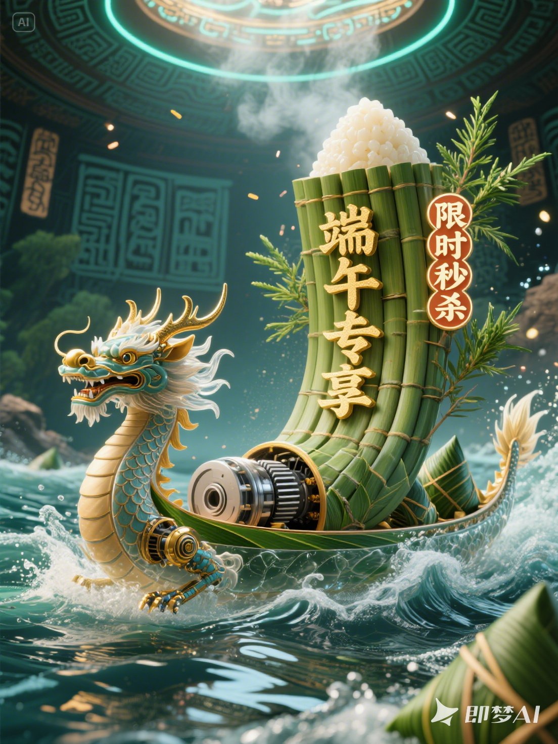 Midjourney - 创意国潮三维立体端午节机械赛龙舟场景电商促销活动海报-即梦ai关键词描述咒语 即梦Ai-Ai宇宙吧-
