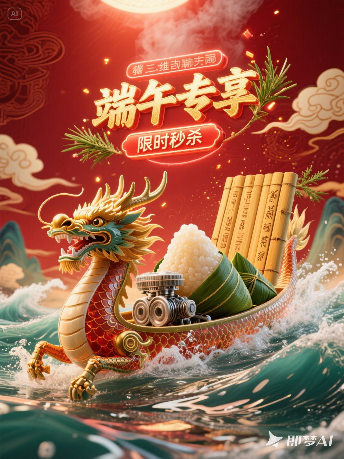Midjourney - 创意国潮三维立体端午节机械赛龙舟场景电商促销活动海报-即梦ai关键词描述咒语 即梦Ai-Ai宇宙吧-