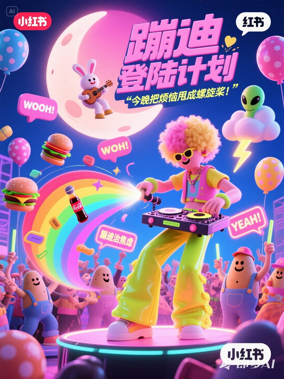 Midjourney - 3D立体可爱卡通趣味搞怪风格音乐节蹦迪活动海报-即梦ai关键词描述咒语 即梦Ai-Ai宇宙吧-