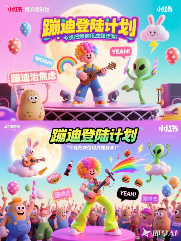 3D立体可爱卡通趣味搞怪风格音乐节蹦迪活动海报-即梦ai关键词描述咒语-Ai宇宙吧-
