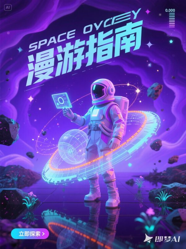 紫色渐变赛博朋克波普艺术未来科技太空宇航员漫游空间海报-即梦ai关键词描述咒语-Ai宇宙吧-
