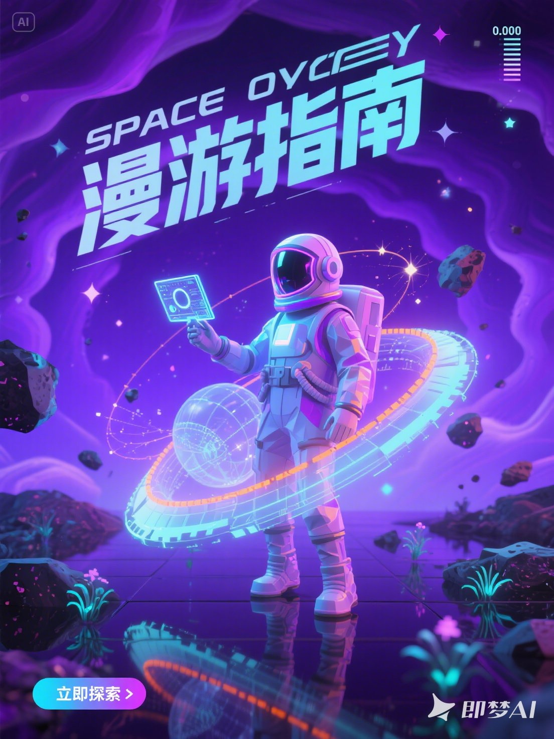 Midjourney - 紫色渐变赛博朋克波普艺术未来科技太空宇航员漫游空间海报-即梦ai关键词描述咒语 即梦Ai-Ai宇宙吧-