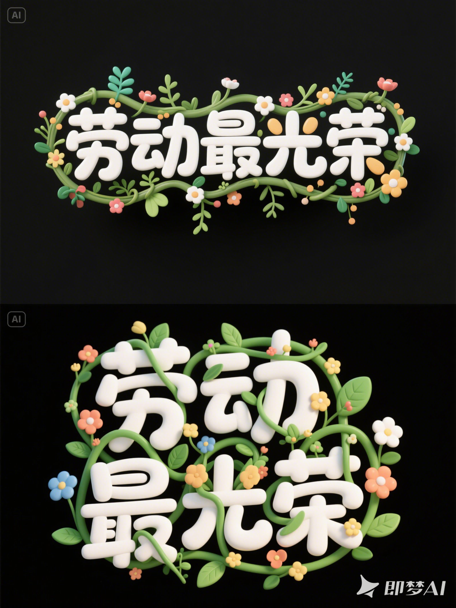 Midjourney - 可爱卡通鲜花植物藤蔓五一劳动节艺术体海报字体设计素材-即梦ai关键词描述咒语 即梦Ai-Ai宇宙吧-