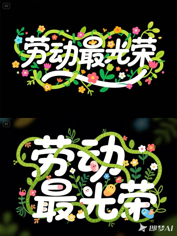 可爱卡通鲜花植物藤蔓五一劳动节艺术体海报字体设计素材-即梦ai关键词描述咒语-Ai宇宙吧-