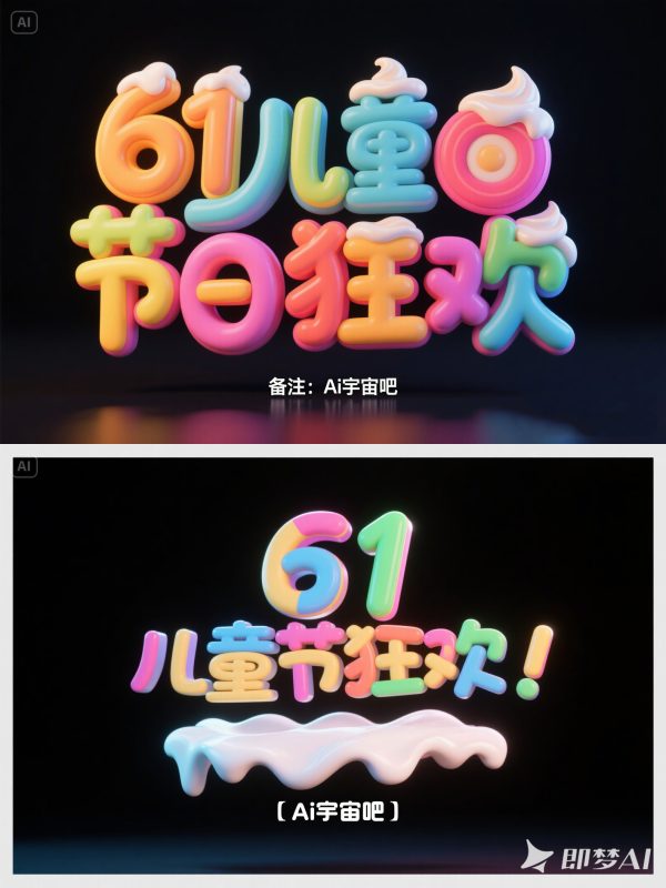 彩色立体可爱卡通六一儿童节海报字体设计素材-即梦ai关键词描述咒语-Ai宇宙吧-
