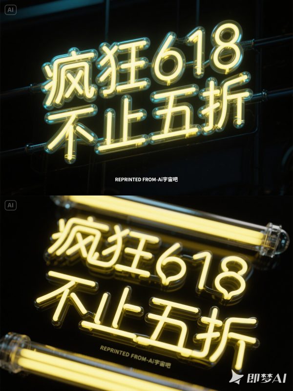 霓虹灯灯管风格618狂欢双十一电商促销活动海报字体设计素材-即梦ai关键词描述咒语-Ai宇宙吧-
