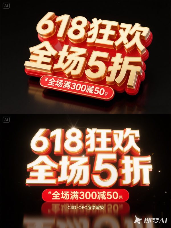 3D立体618狂欢双十一电商促销活动海报字体设计素材-即梦ai关键词描述咒语-Ai宇宙吧-