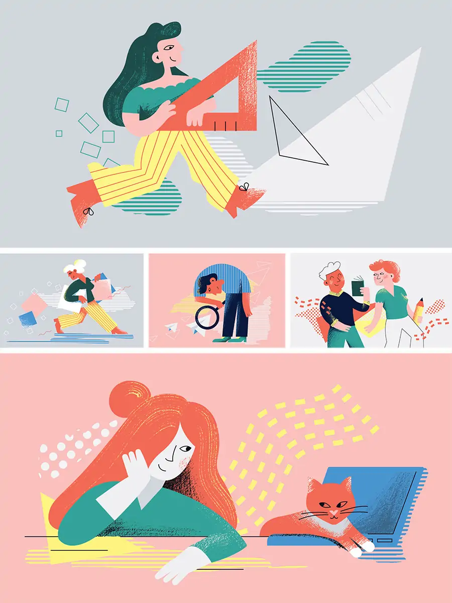 手绘可爱卡通人物工作生活涂鸦插图海报ai矢量设计素材Ilustration-Ai宇宙吧-