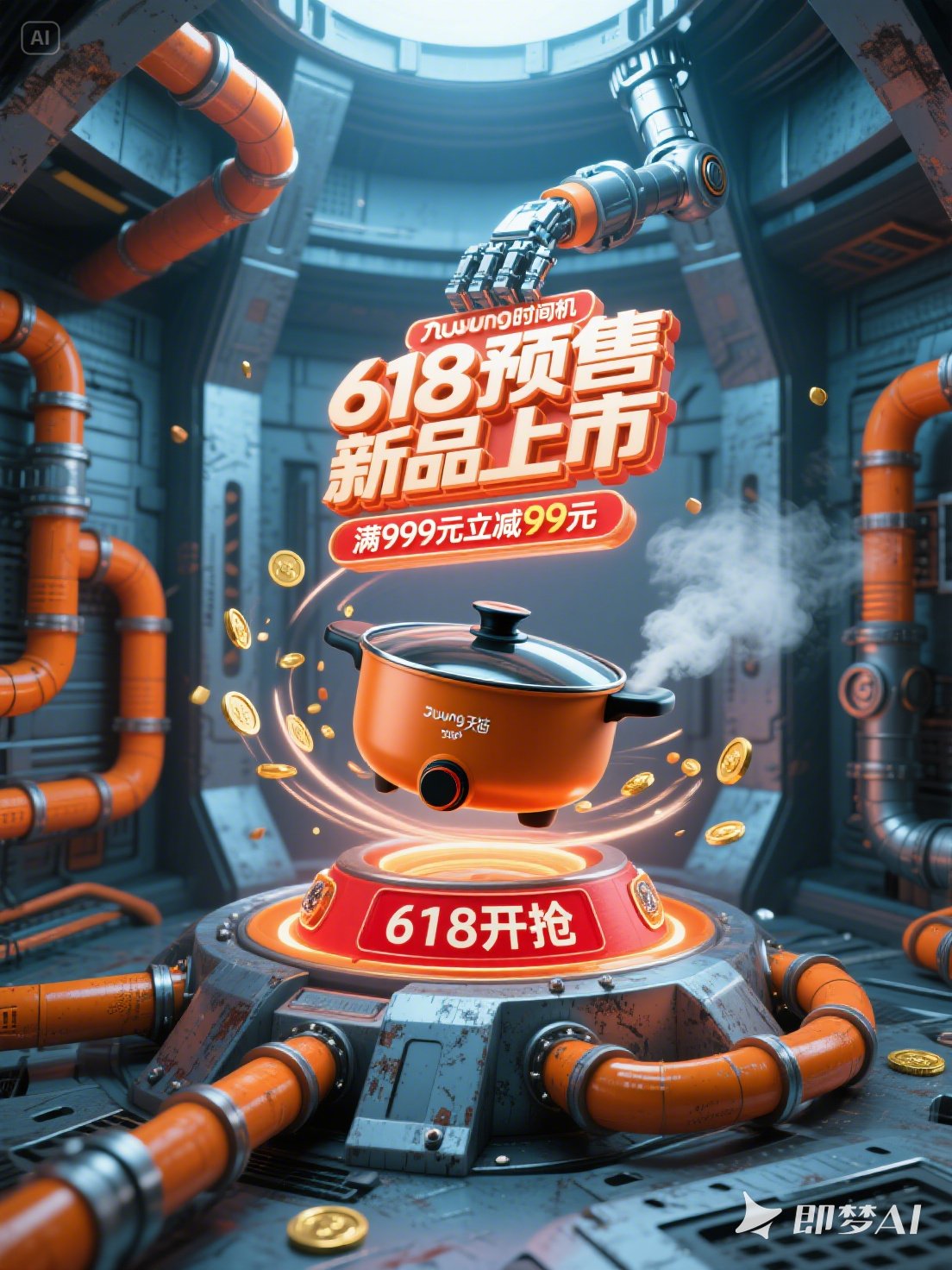 Midjourney - 3D立体蒸汽管道风格618狂欢双十一电商促销活动海报-即梦ai关键词描述咒语 即梦Ai-Ai宇宙吧-