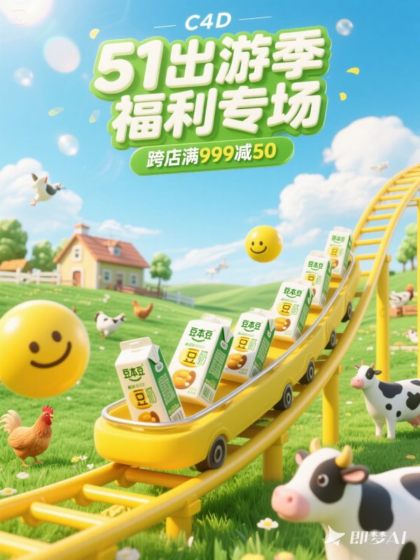 3D立体可爱卡通儿童牛奶春天五一出游季电商促销活动海报-即梦ai关键词描述咒语-Ai宇宙吧-