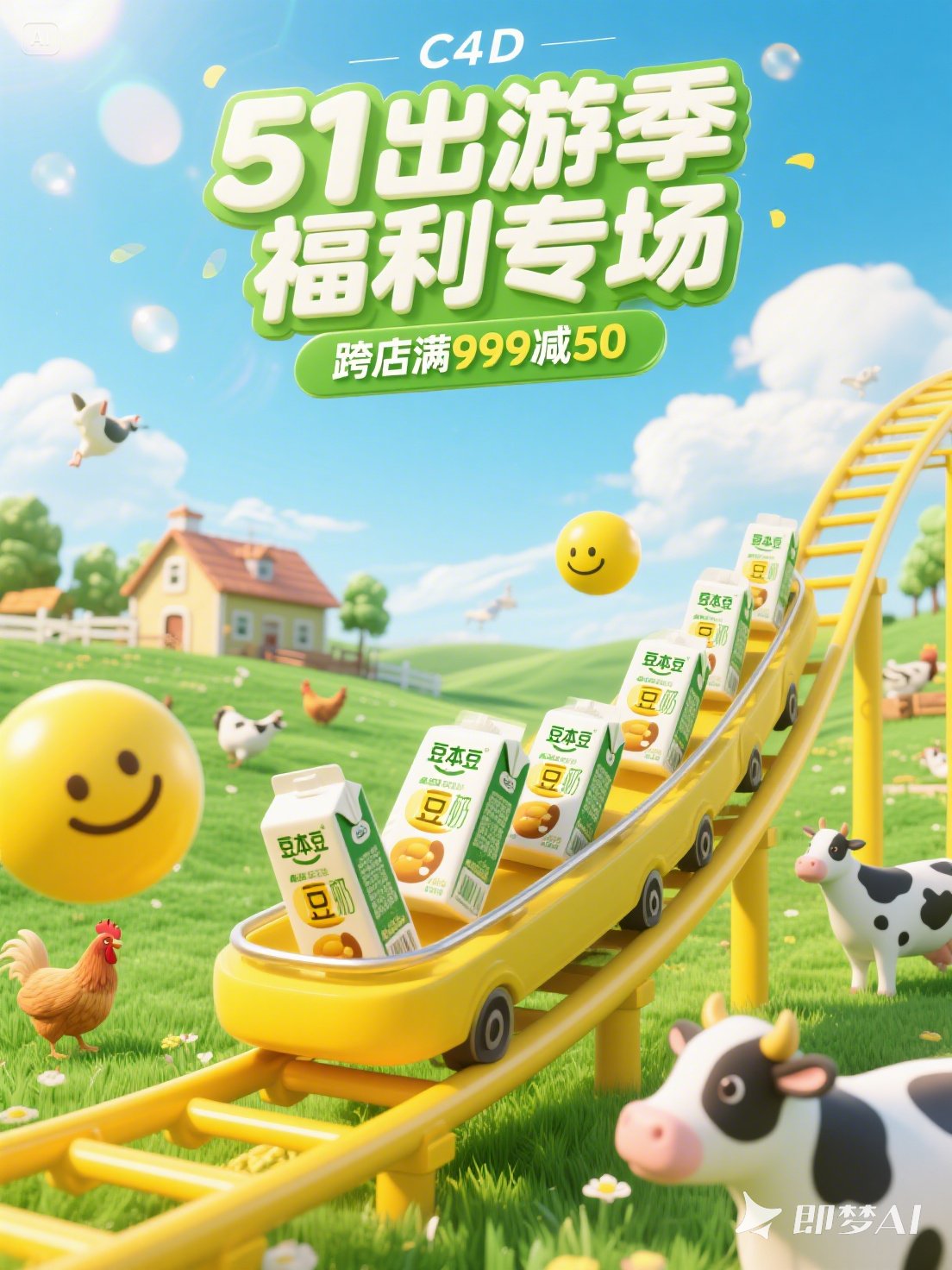 Midjourney - 3D立体可爱卡通儿童牛奶春天五一出游季电商促销活动海报-即梦ai关键词描述咒语 即梦Ai-Ai宇宙吧-