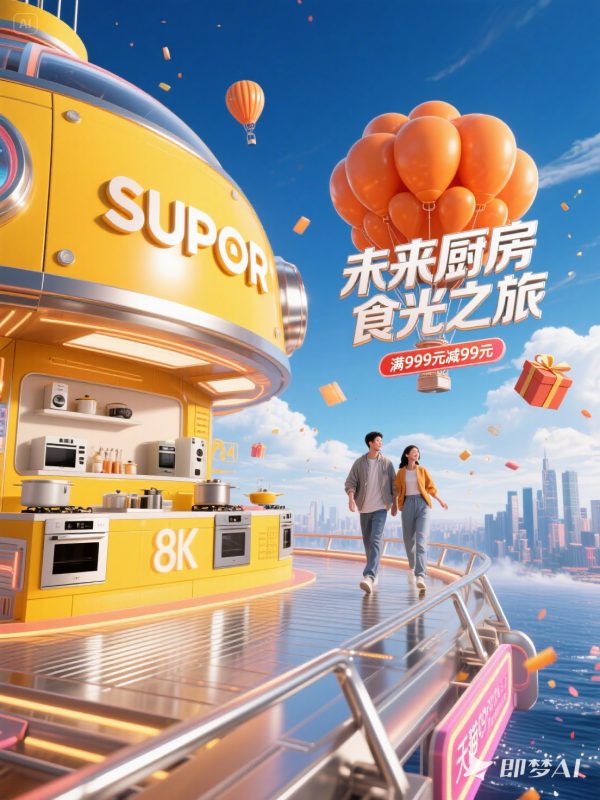 创意C4D厨房小家电产品618狂欢双十一电商促销活动海报-即梦ai关键词描述咒语-Ai宇宙吧-