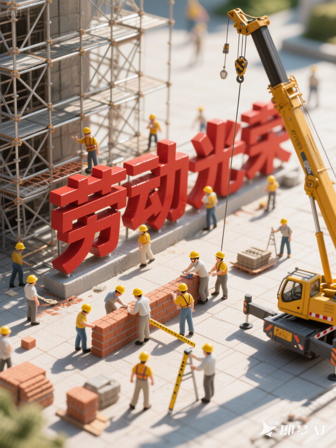 Midjourney - 3D立体五一劳动节建筑工人微缩景观海报-即梦ai关键词描述咒语 即梦Ai-Ai宇宙吧-
