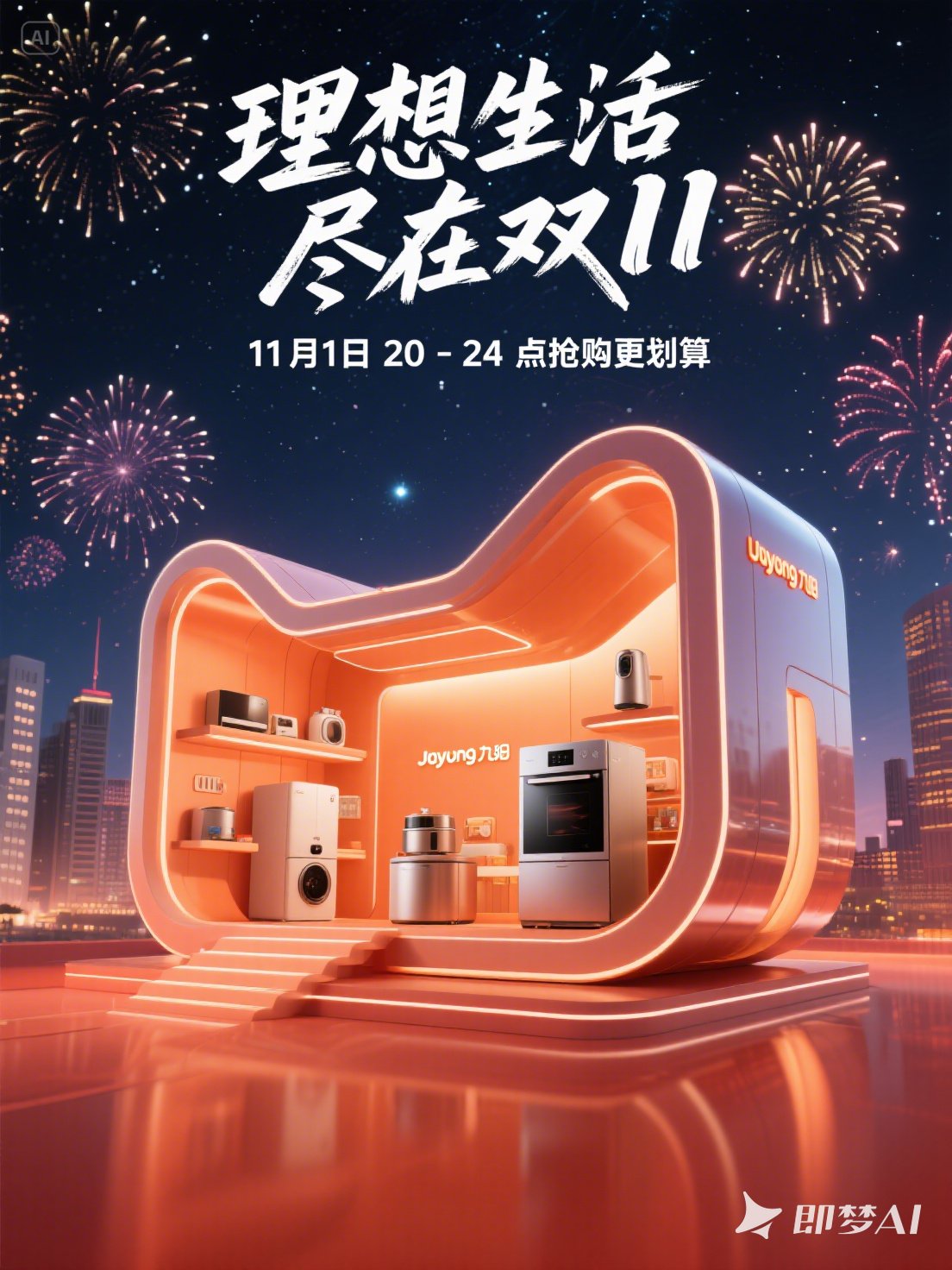 Midjourney - 3D立体家用电器小家电产品618狂欢双十一电商促销活动海报-即梦ai关键词描述咒语 即梦Ai-Ai宇宙吧-