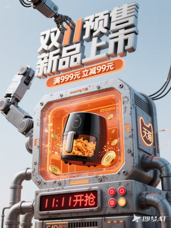 3D立体科技机械臂家用电器小家电618狂欢双十一电商促销活动海报-即梦ai关键词描述咒语-Ai宇宙吧-