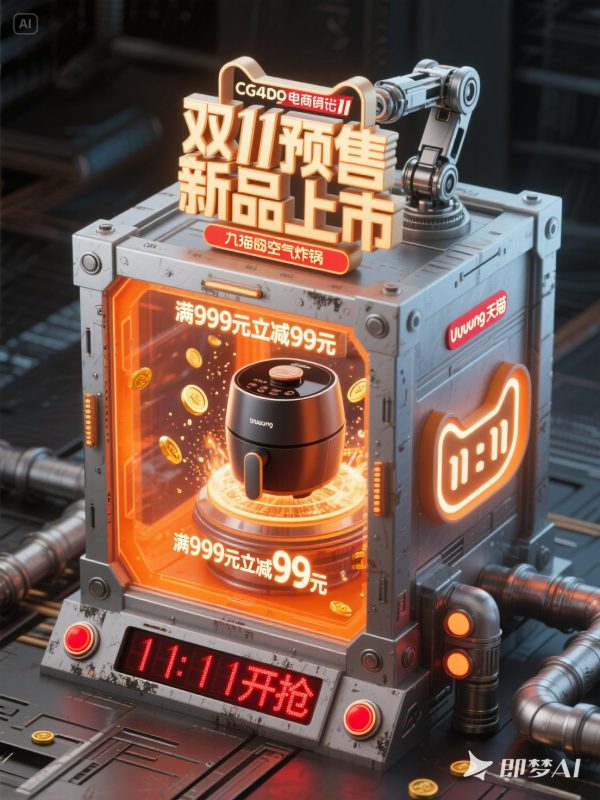 3D立体科技机械臂家用电器小家电618狂欢双十一电商促销活动海报-即梦ai关键词描述咒语-Ai宇宙吧-