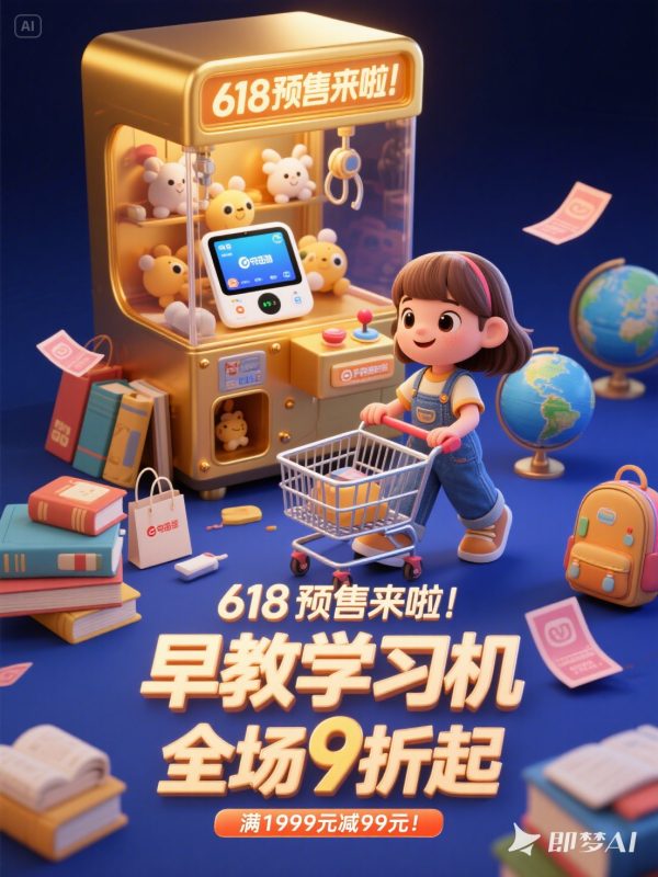 3D立体可爱卡通儿童早教学习机618狂欢双十一电商促销活动海报-即梦ai关键词描述咒语-Ai宇宙吧-