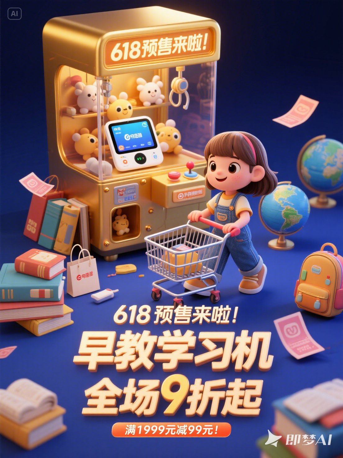 Midjourney - 3D立体可爱卡通儿童早教学习机618狂欢双十一电商促销活动海报-即梦ai关键词描述咒语 即梦Ai-Ai宇宙吧-