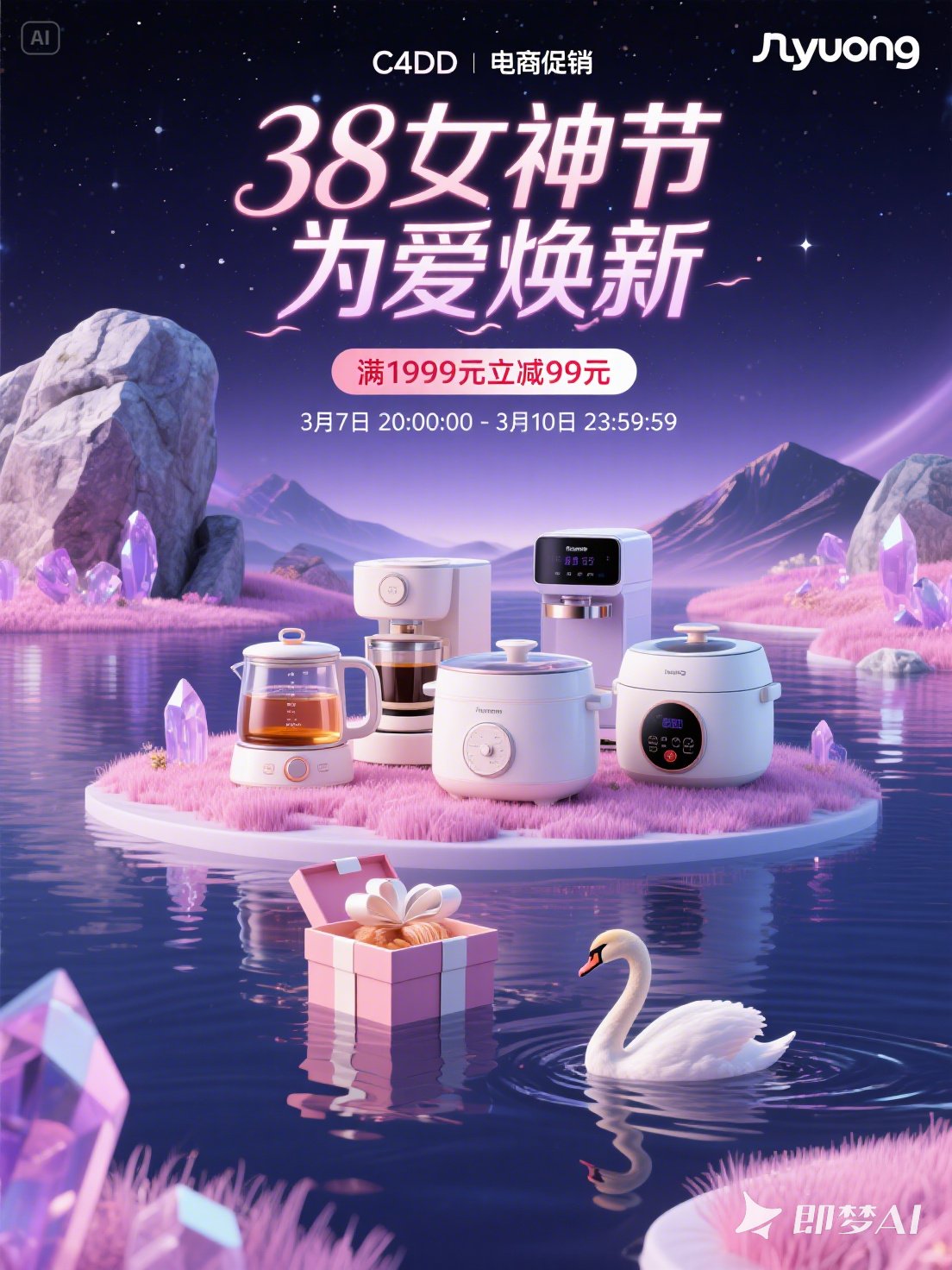 Midjourney - 3D立体38女神节家用电器小家电618狂欢双十一电商促销活动海报-即梦ai关键词描述咒语 即梦Ai-Ai宇宙吧-