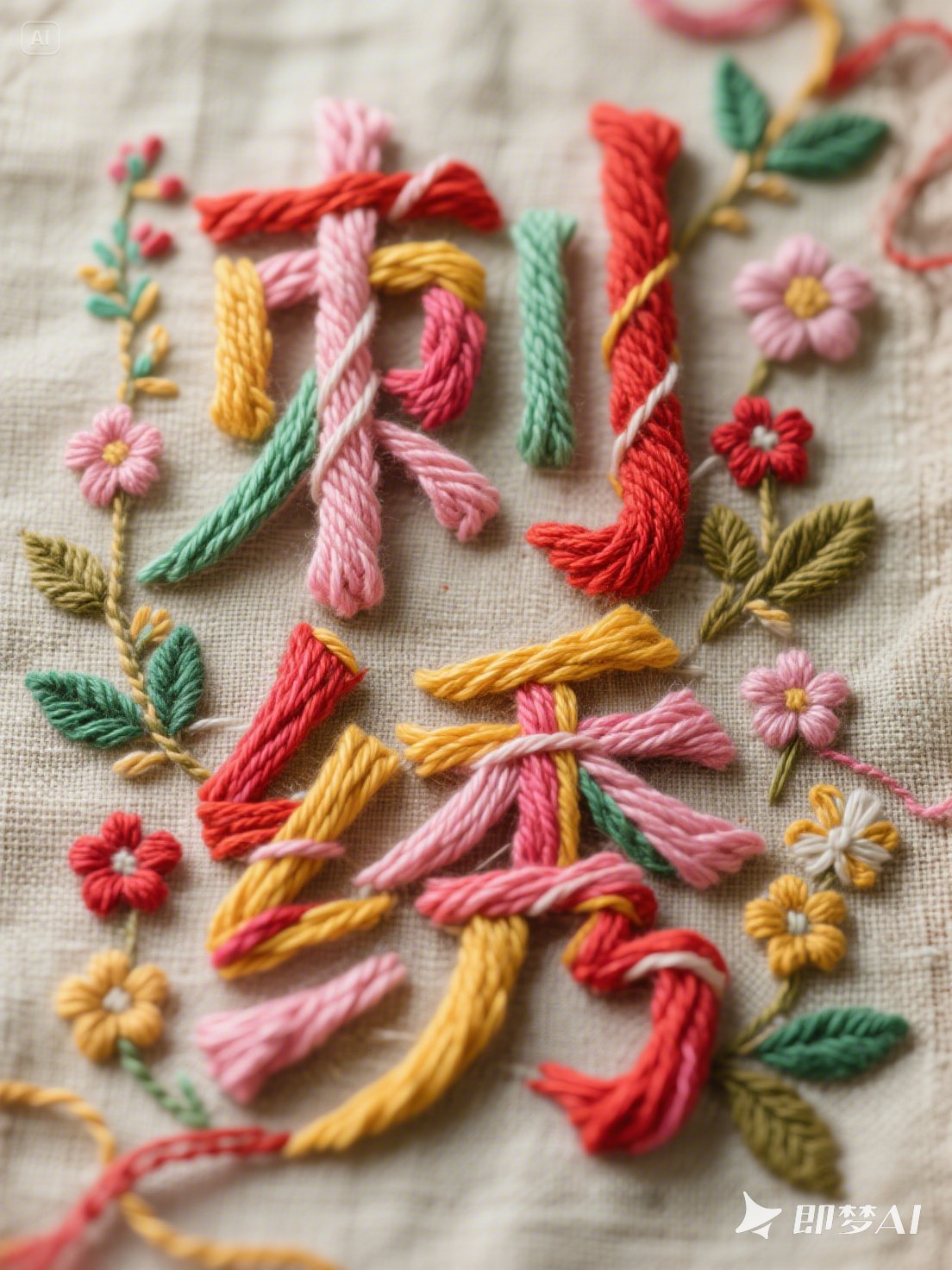 Midjourney - 复古逼真立体毛线刺绣布料纹理海报字体设计素材-即梦ai关键词描述咒语 即梦Ai-Ai宇宙吧-