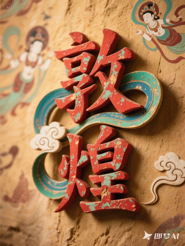 复古做旧敦煌飞天壁画石窟图案海报字体设计素材-即梦ai关键词描述咒语-Ai宇宙吧-