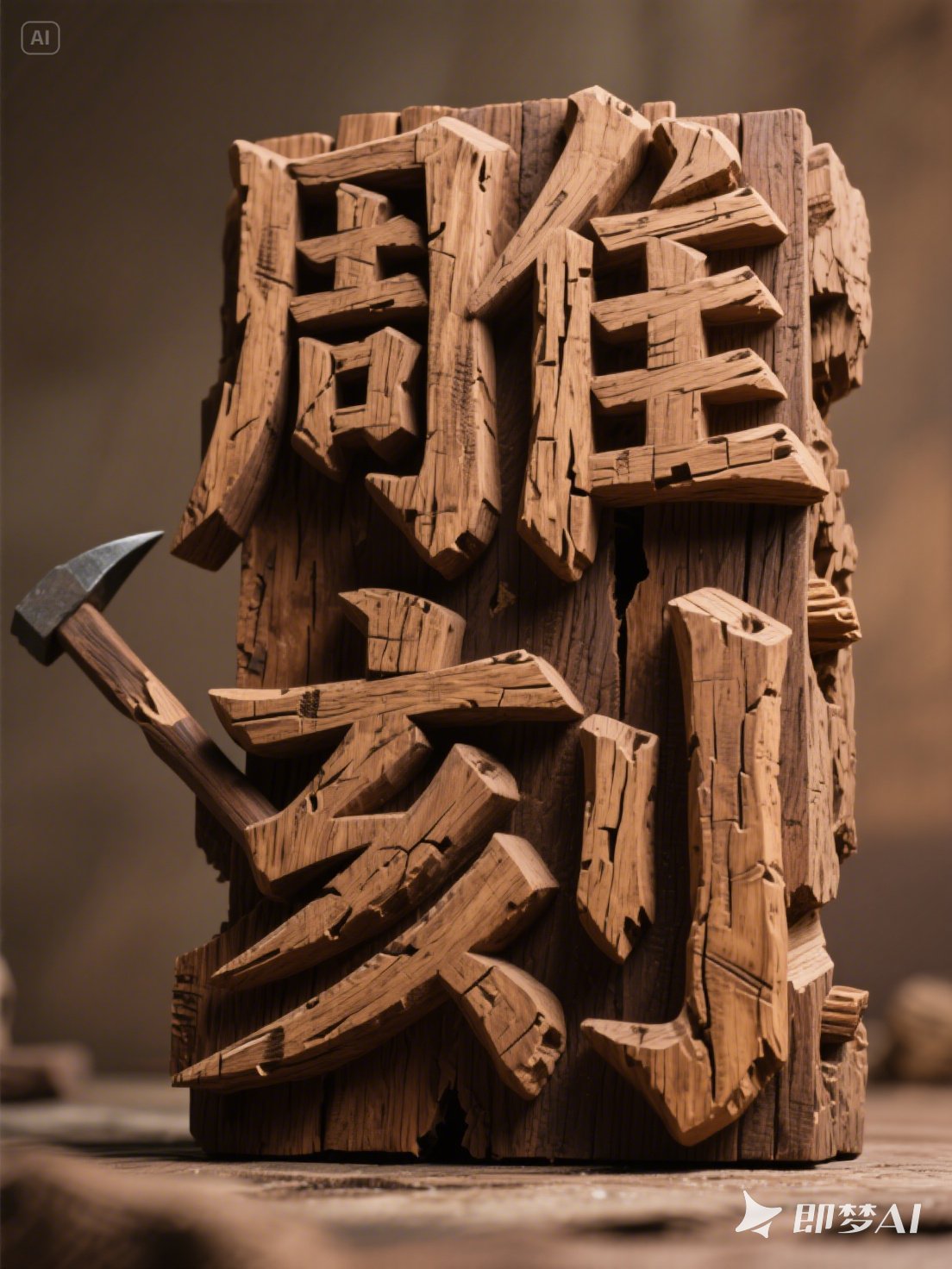 Midjourney - 中国传统非遗手工艺雕刻原木产品立体海报字体设计素材-即梦ai关键词描述咒语 即梦Ai-Ai宇宙吧-
