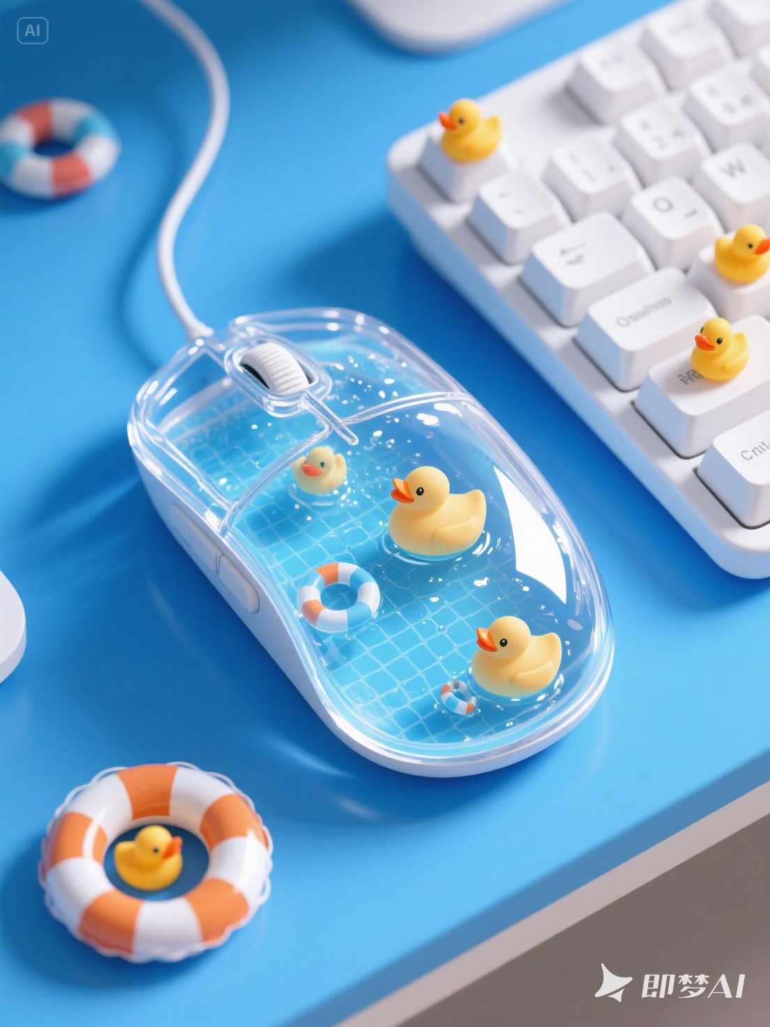 Midjourney - 超现实主义可爱卡通夏天泳池小鸭子透明鼠标产品摄影海报-即梦ai关键词描述咒语 即梦Ai-Ai宇宙吧-