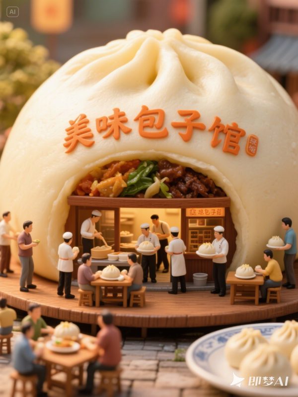 创意立体早餐包子铺巨型包子微缩景观摄影海报-即梦ai关键词描述咒语-Ai宇宙吧-