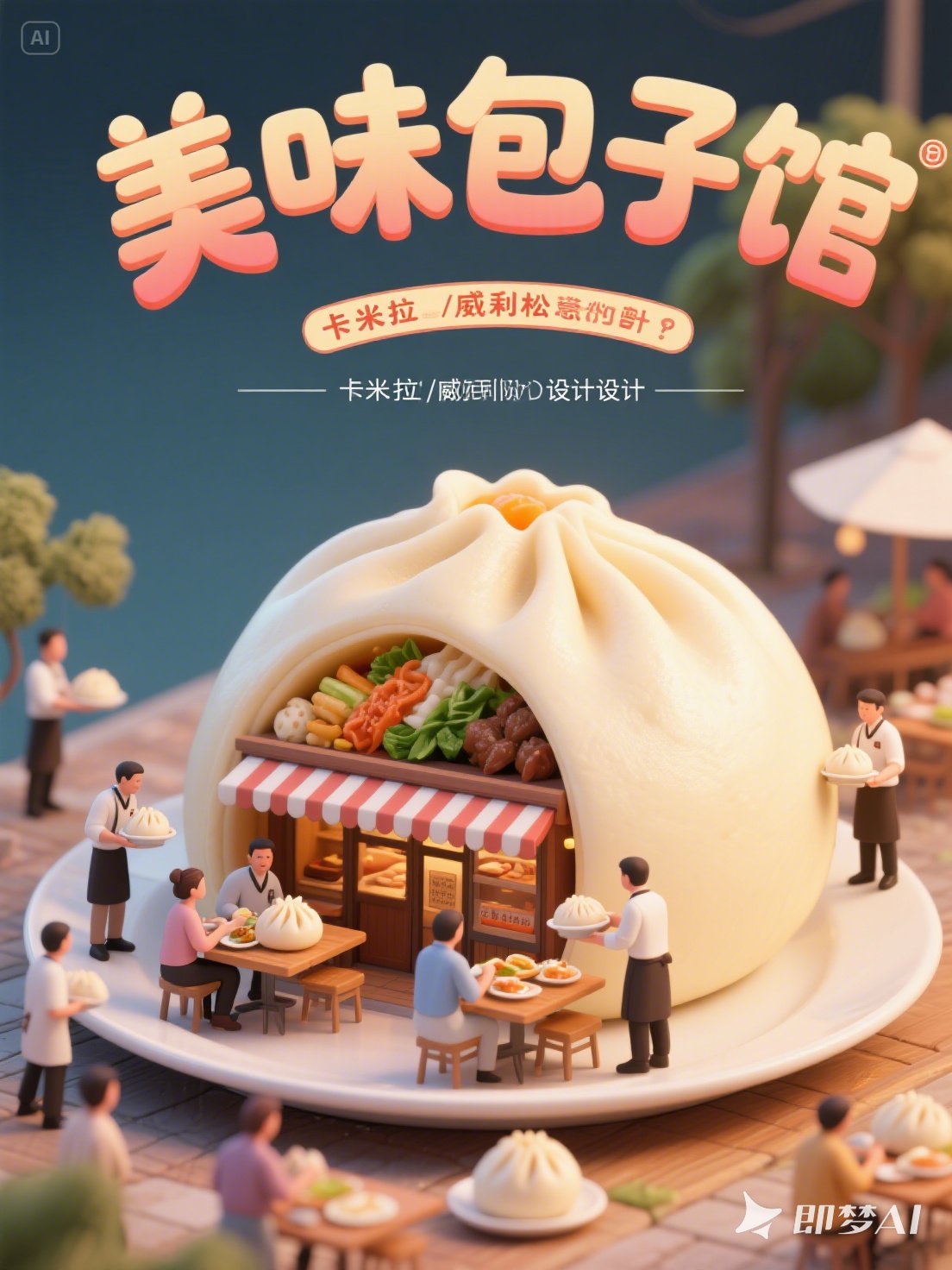 Midjourney - 创意立体早餐包子铺巨型包子微缩景观摄影海报-即梦ai关键词描述咒语 即梦Ai-Ai宇宙吧-