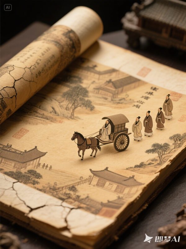 年代感历史感古风立体春秋画卷马车人物插图海报-即梦ai关键词描述咒语-Ai宇宙吧-