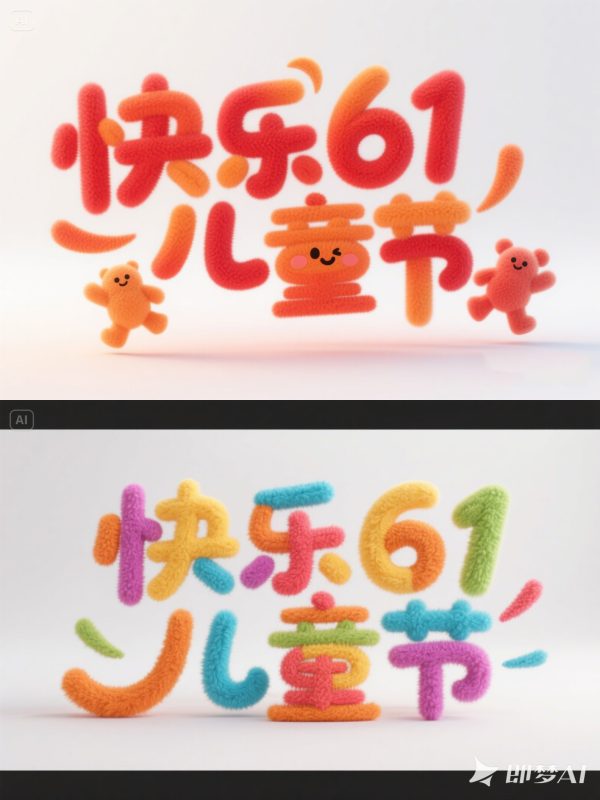 彩色立体可爱卡通六一儿童节毛绒风格海报字体设计素材-即梦ai关键词描述咒语-Ai宇宙吧-