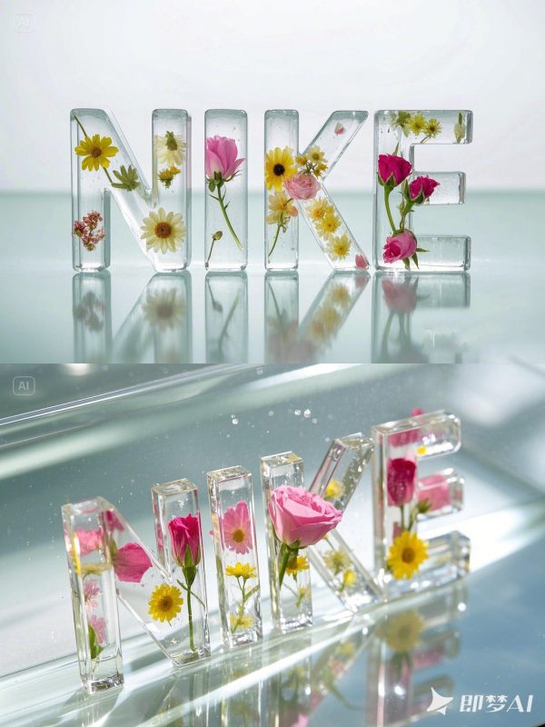 创意水晶鲜花滴胶透明NIKE品牌海报字体设计素材-即梦ai关键词描述咒语-Ai宇宙吧-