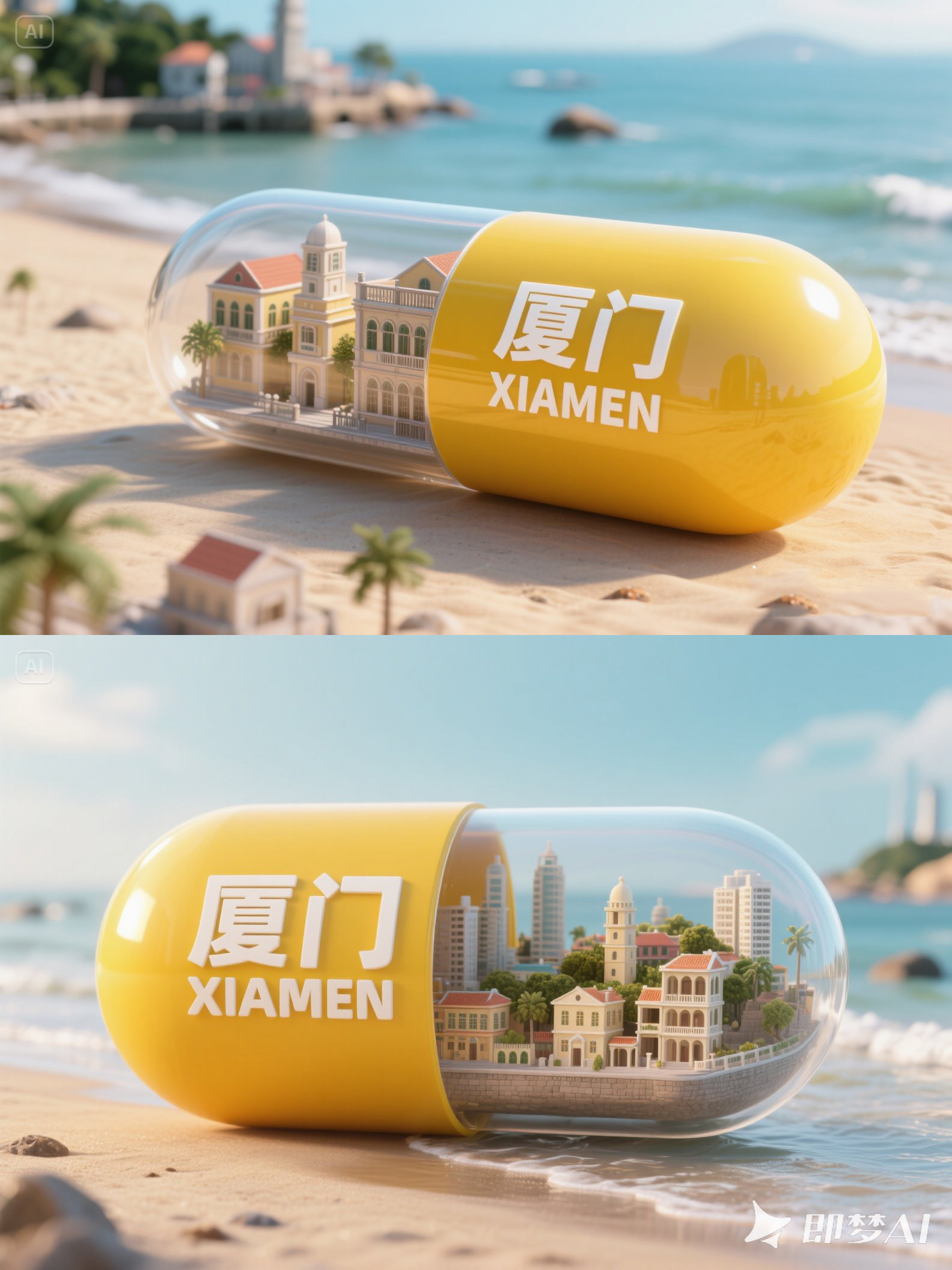 Midjourney - 创意3D立体厦门城市建筑胶囊形状微缩景观海报-即梦ai关键词描述咒语 即梦Ai-Ai宇宙吧-