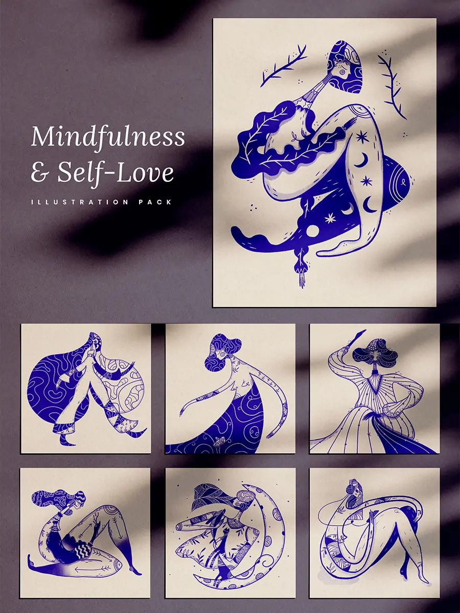 Midjourney - 手绘抽象艺术关爱女性人物鲜花线条插图海报psd设计素材模版 Illustrations矢量-Ai宇宙吧-