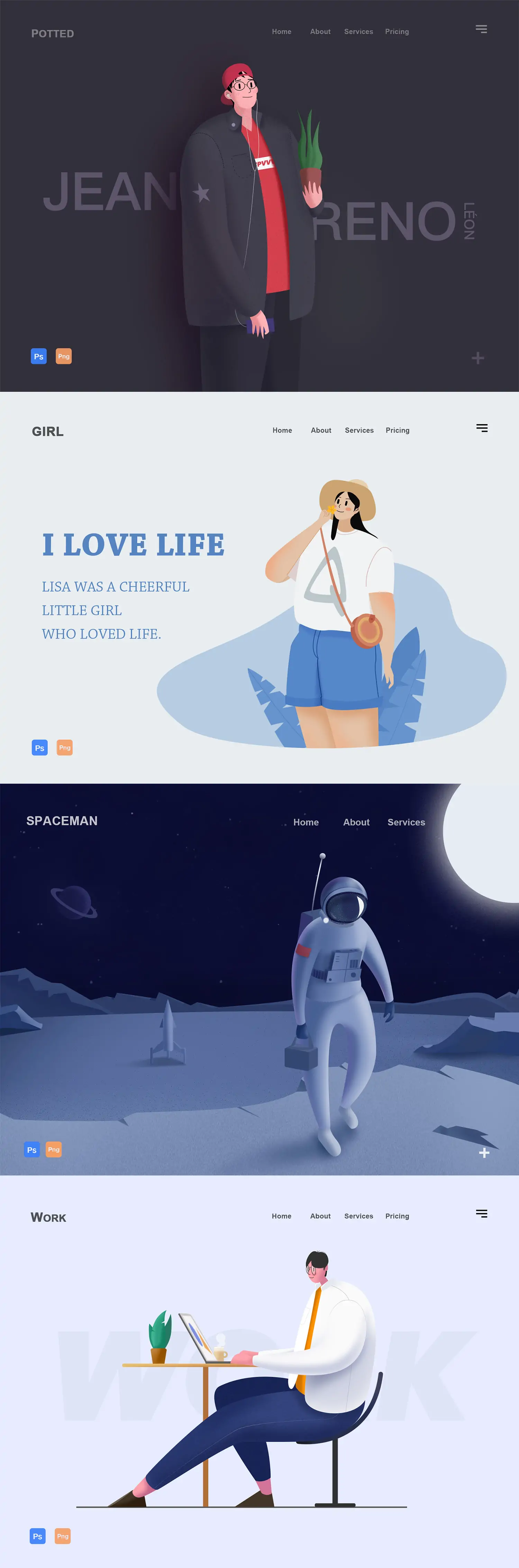 手绘卡通人物网页横幅插图psd分层设计素材模版llustrations