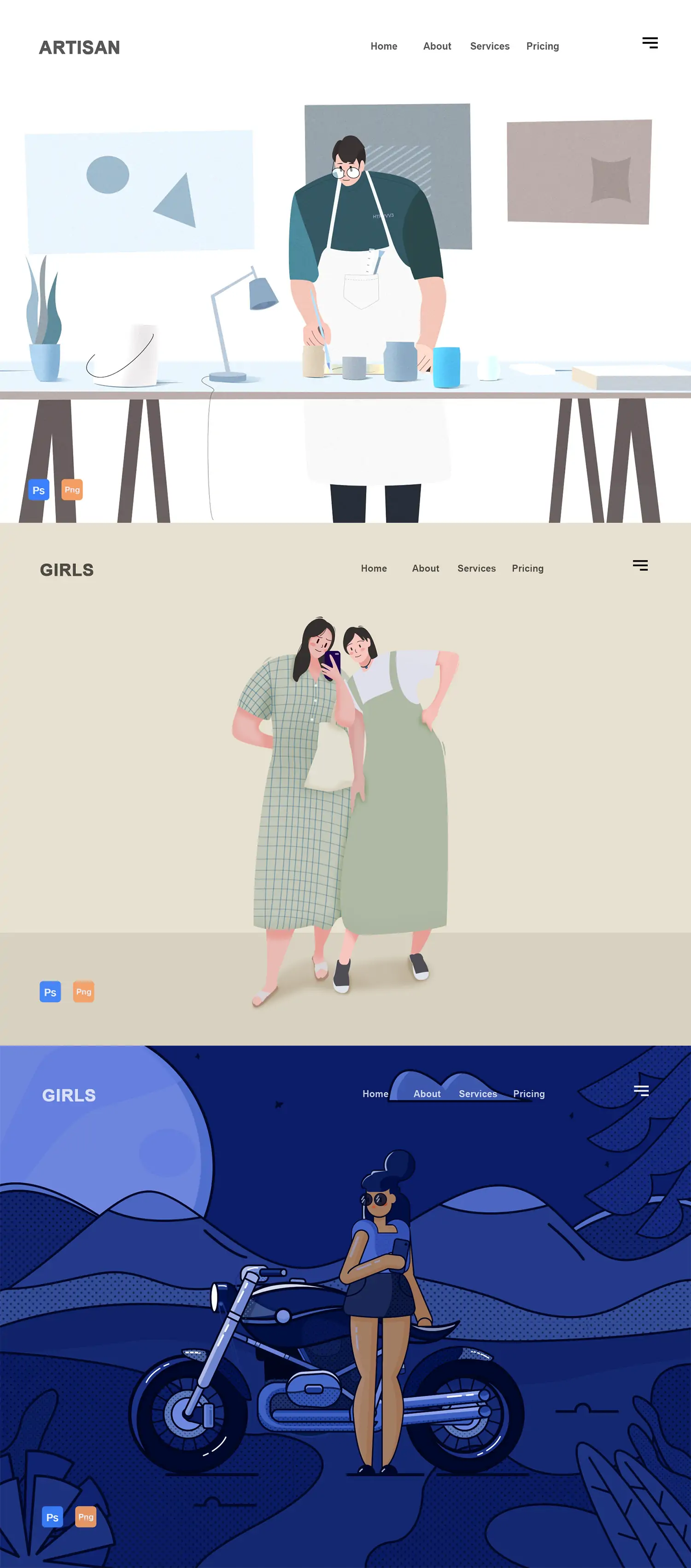 手绘卡通人物网页横幅插图psd分层设计素材模版llustrations
