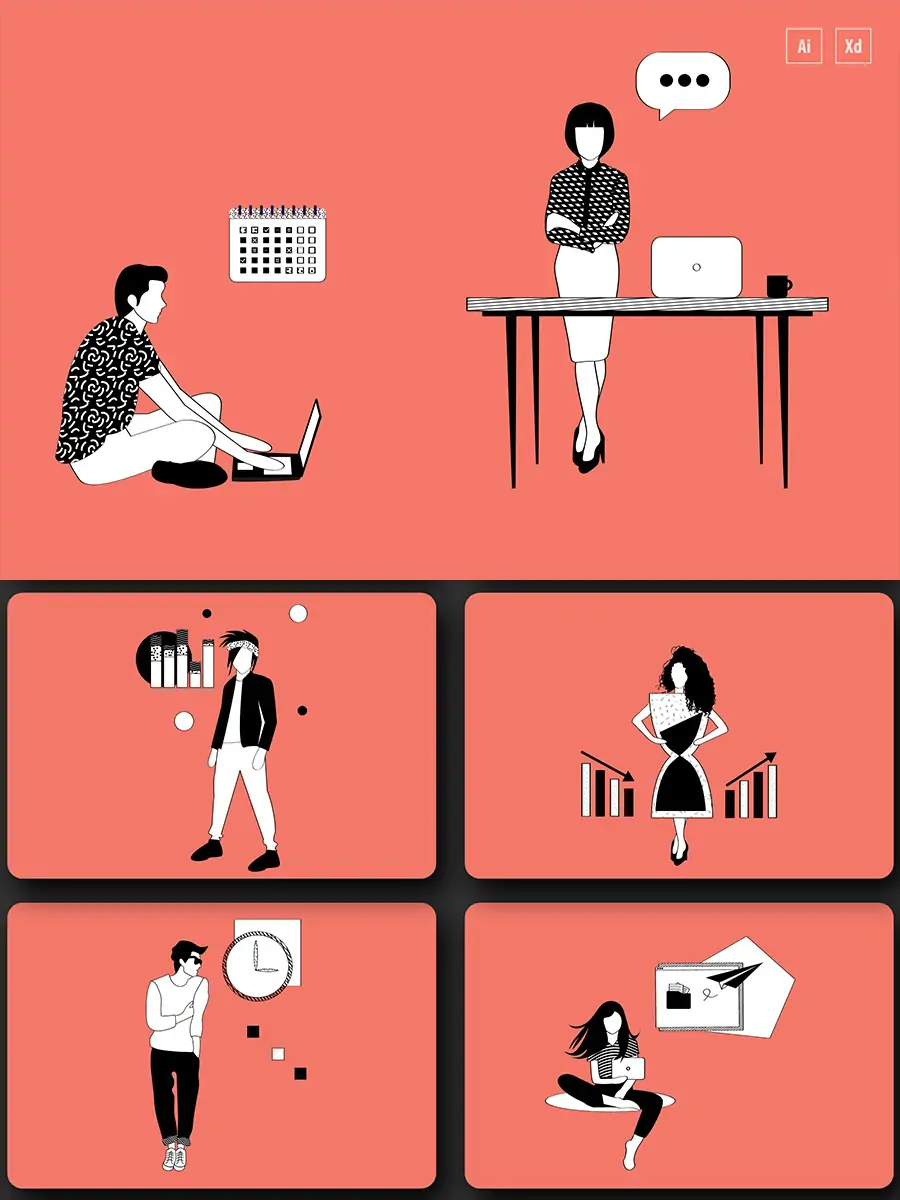 手绘商务卡通人物工作数据图表插图ai矢量设计素材模版llustrations-Ai宇宙吧-