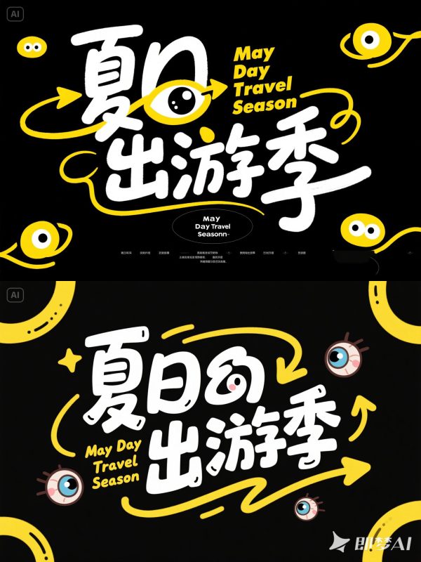 夏季暑假旅游露营活动艺术体海报字体设计素材-即梦ai关键词描述咒语-Ai宇宙吧-