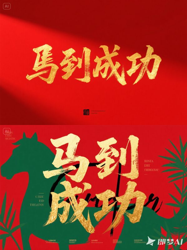 极简主义金箔马到成功祝福贺卡封面艺术体海报字体设计素材-即梦ai关键词描述咒语-Ai宇宙吧-